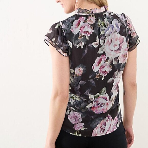 TAMARA H. Short Sleeve Double Ruffle V-Neck Chiffon Blouse Black Pink Red Floral - Picture 4 of 14